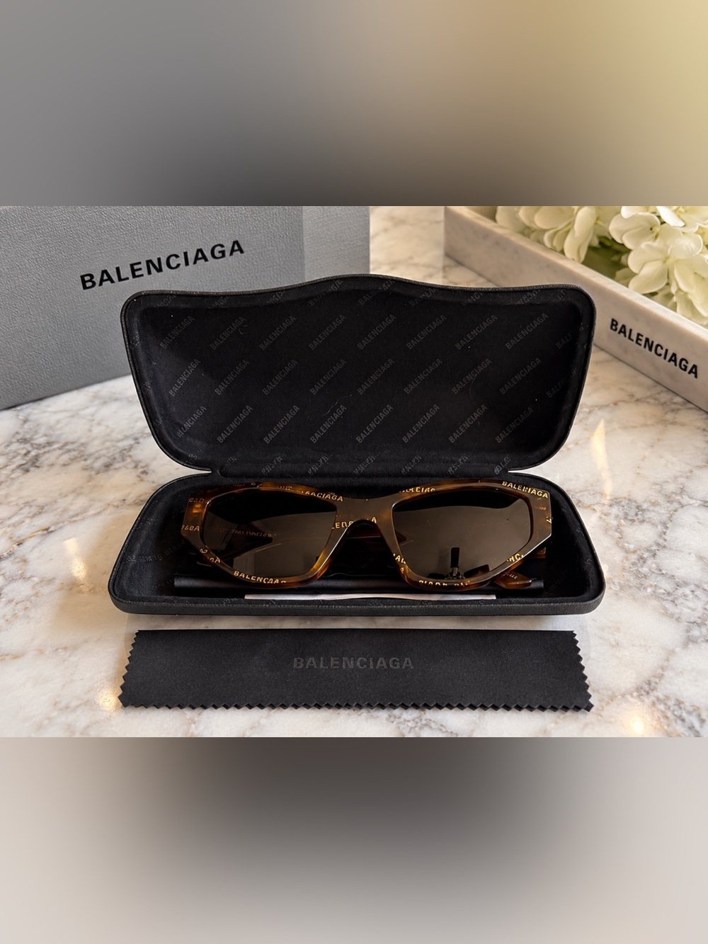 Balenciaga BB0097S 003 Havana Brown Logo Cat Eye Sunglasses w/ Case NWT